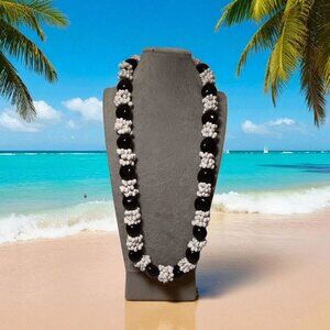 Hawaii Wedding Luau Kukui Nut Lei Necklace White Mongo Shell Clusters 32"